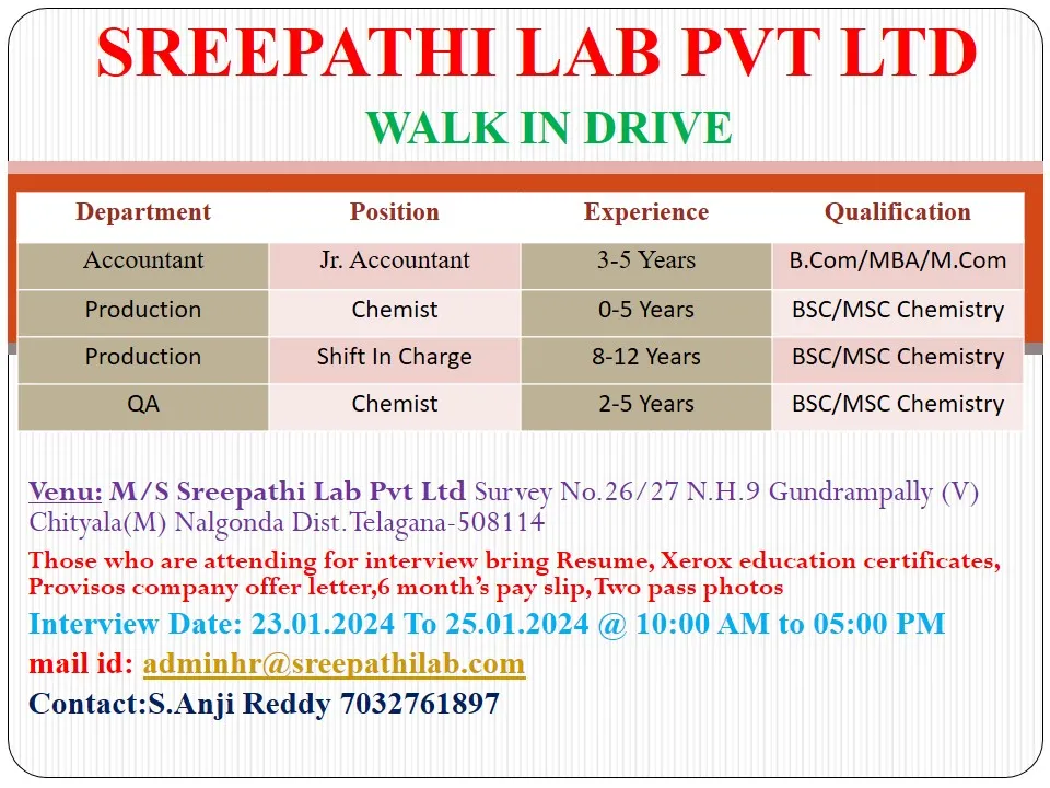 Sreepathi Lab Pvt. Ltd - Walk-In Interviews for Production, QA, Accounts on 23rd - 25th Jan 2024